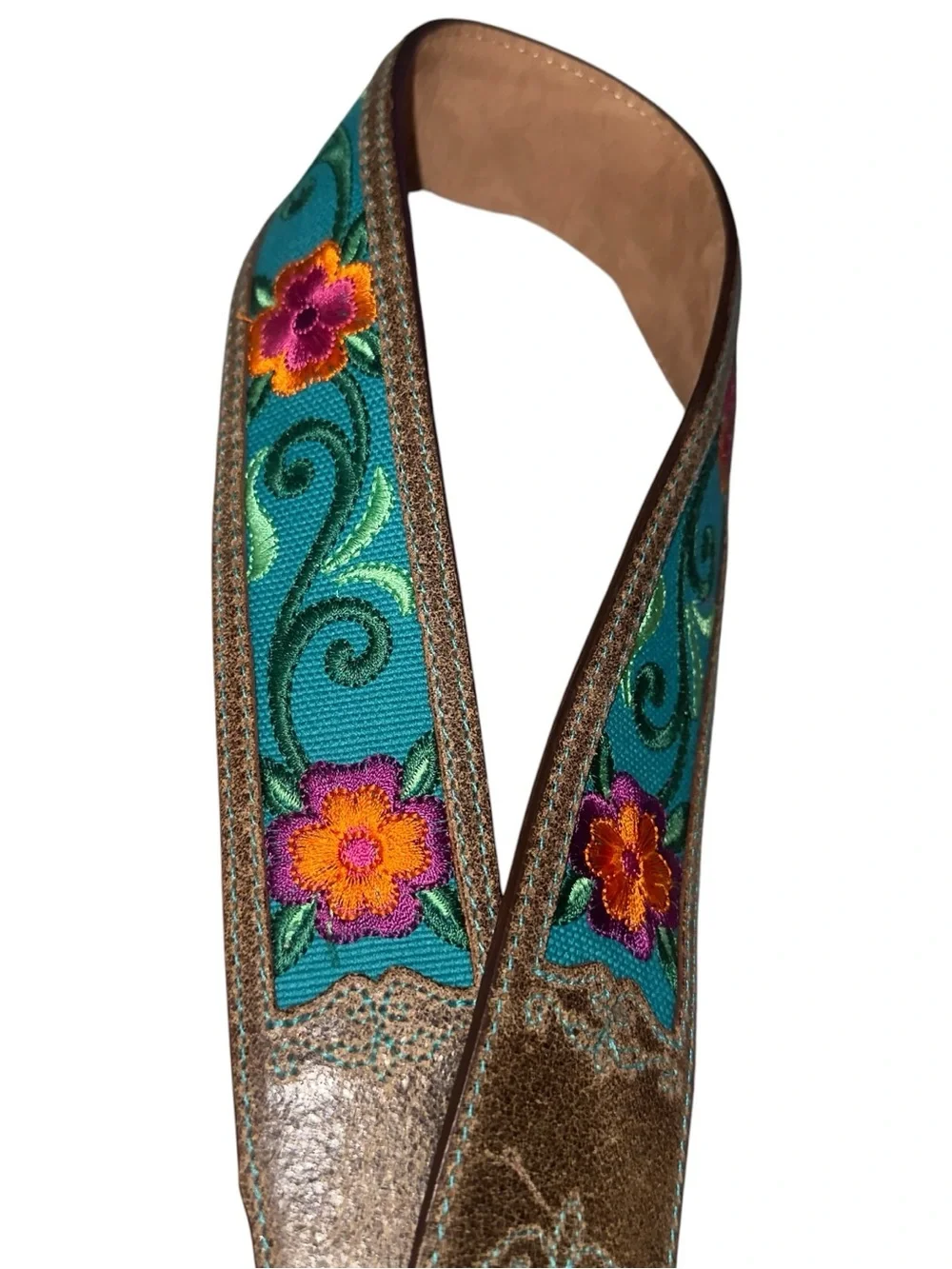 Justin  brown leather western belt teal cowgirl embroidered floral Sz 30